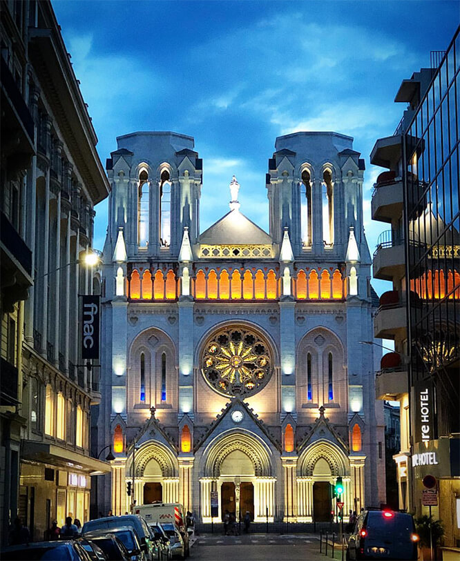Basilique Notre Dame by night in Nice France