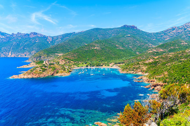 A view of beautiful Girolata bay with azure sea water