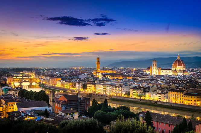 Scenic view of Florence after sunset from Piazzale Michelangelo