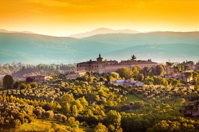 The scenic Tuscany hill town, vineyard and olive grove at sunset