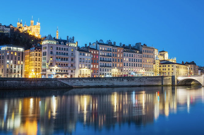 View of Lyon with Saone river at night