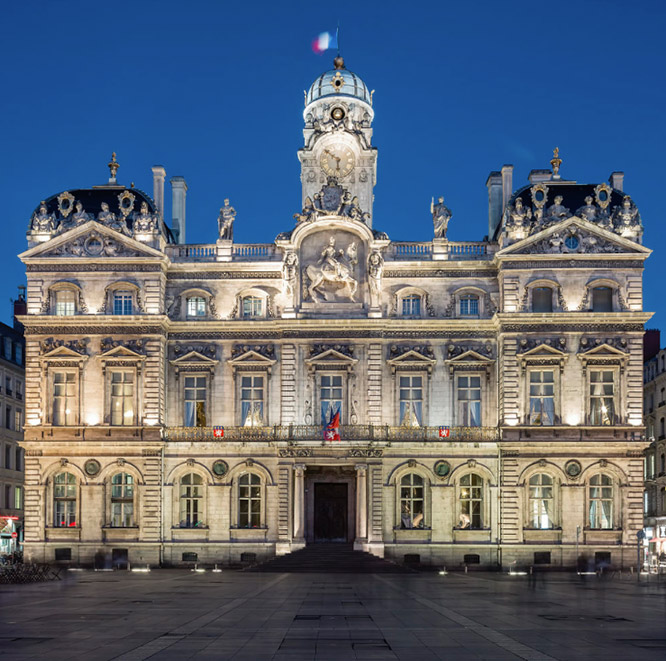 The famous Terreaux square in Lyon city by night