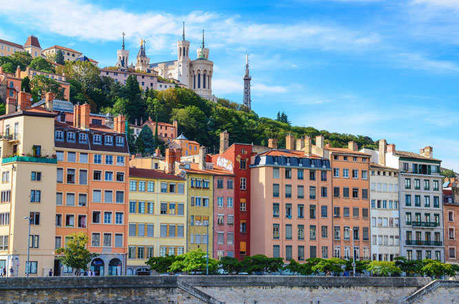 Lyon cityscape from Saone river with colorful houses