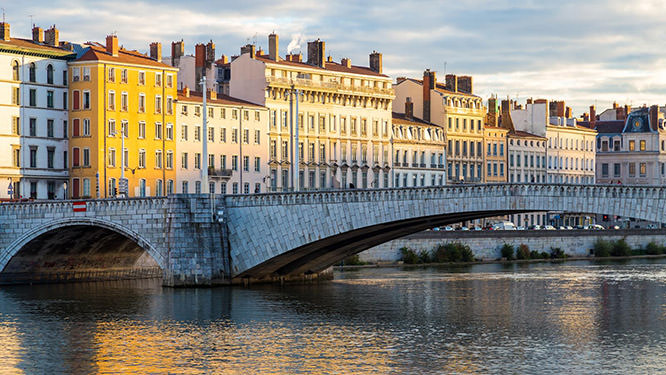 The river Saone and one of its bridges in the city center of Lyon
