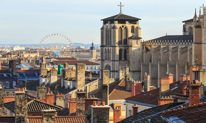 Rooftops, chimneys and cathedral of the old town Vieux Lyon