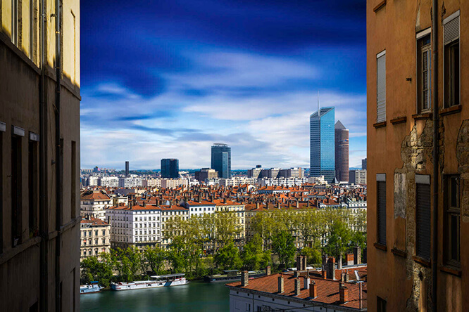 Buildings and downtown of Lyon seen from Croix Rousse hill