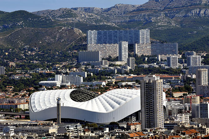Aerial view of Marseille to the northern districts with the cycling stadium and cited the Castellane background