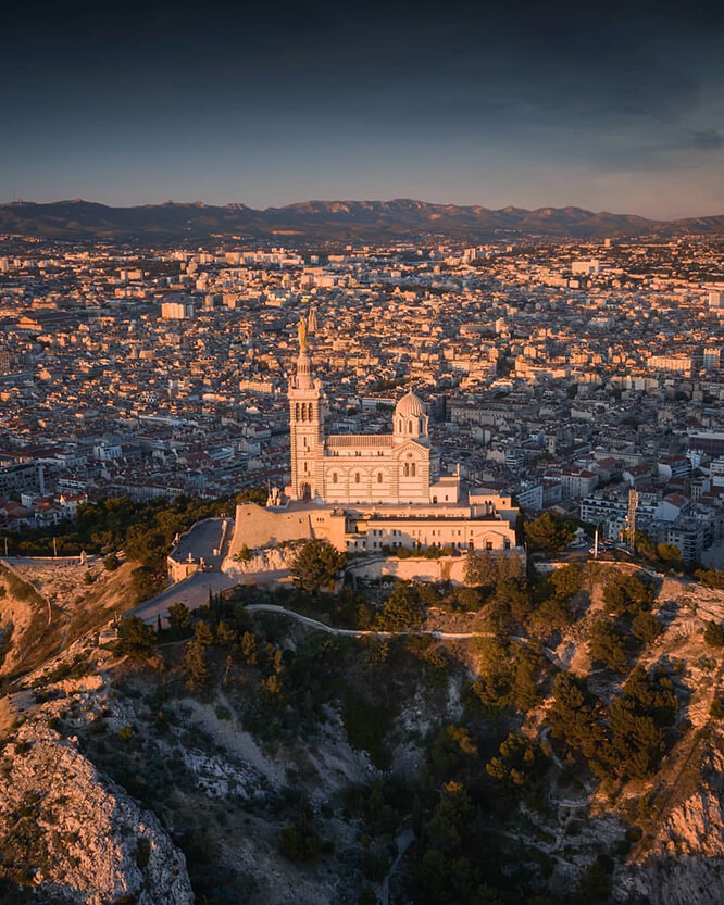 Aerial panoramic view on basilica of Notre Dame de la Garde