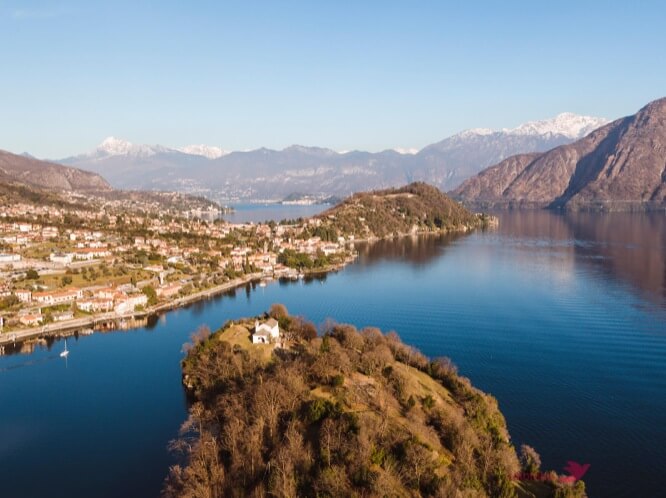 Aerial view of island at sunset on lake Como