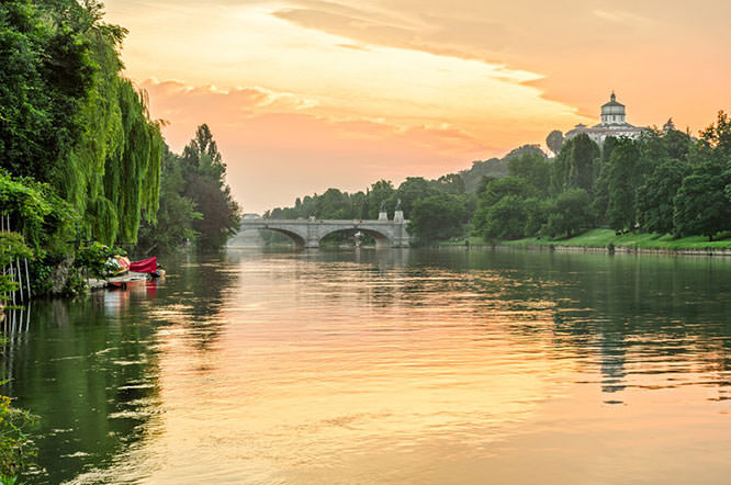 River Po Monte dei Cappuccini and hills at sunrise