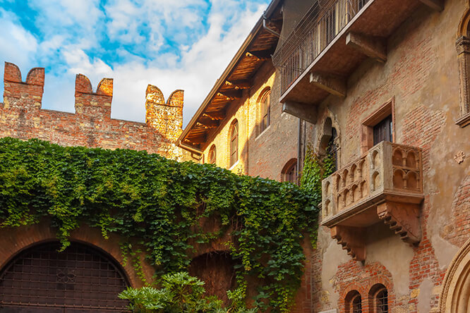 Patio and balcony of Romeo and Juliet house at golden sunset