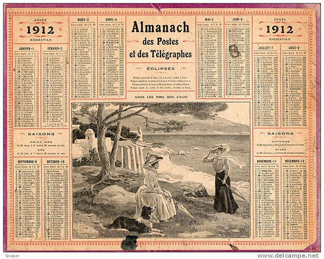 Calendrier des Postes 1912 sous les pins Côte d'Azur