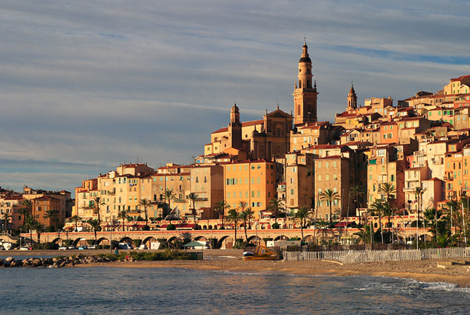 View of old town and beach at dusk