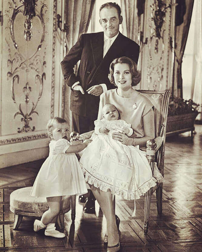 Princess Grace Kelly in 1958, the newborn Prince Albert and the year-old Princess Carolina