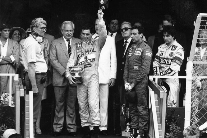1987 - Le podium du 45e Grand Prix Automobile, Ayrton Senna, Michele Alboreto et Nelson Piquet