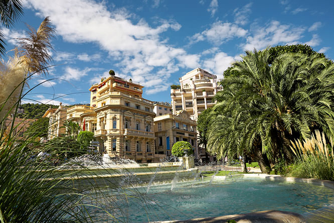 View of beautiful rich building and fountain in Monaco