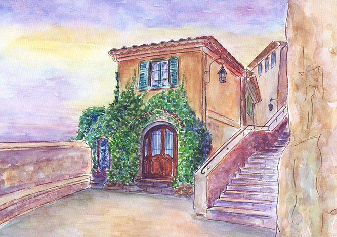 Hand drawn watercolor of Èze French Riviera Paintings