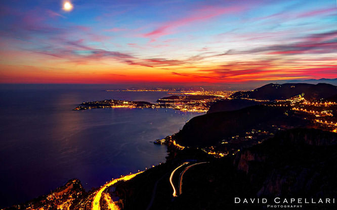 The last shadows of daylight over the Côte d´Azur. La Turbie, France. St-Jean-Cap-Ferrat, French Riviera