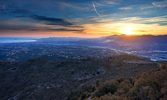 Sunset and aerial view on Plaine du Var