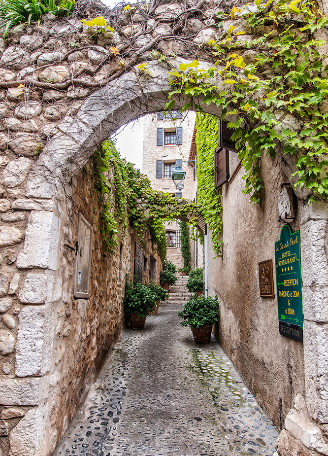 Medieval stone archways in Saint-Paul-de-Vence, French Riviera