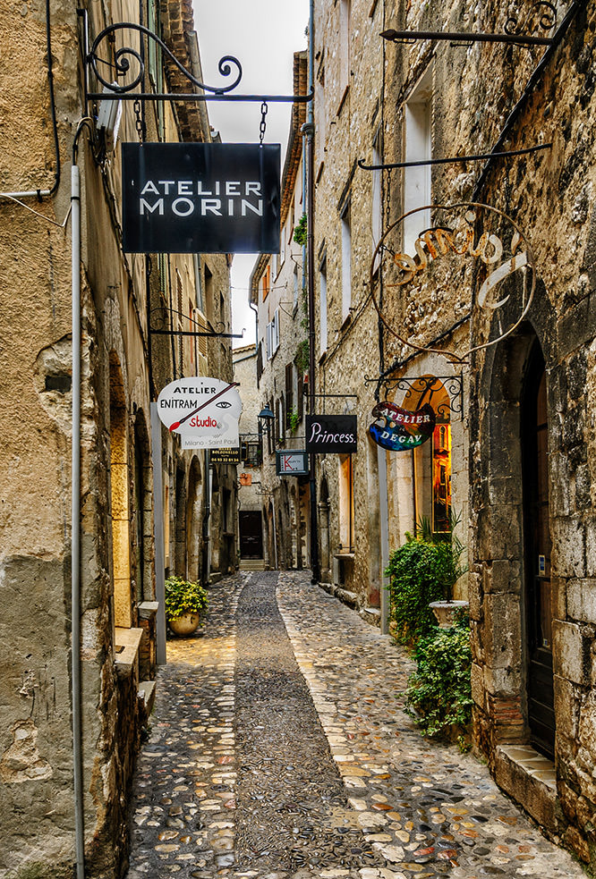 Artists’ studios on the Rue Grande in Saint-Paul-de-Vence, French Riviera