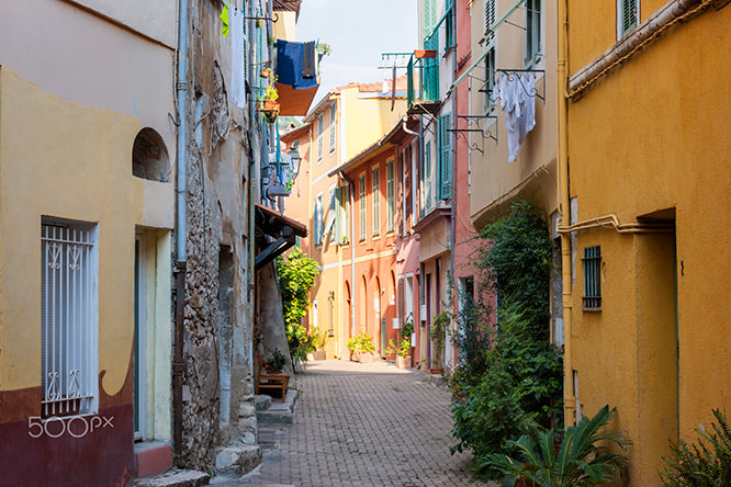 Street with sunshine in Villefranche-sur-Mer French Riviera